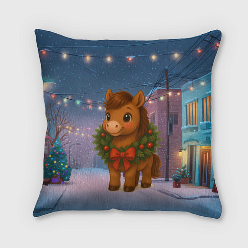 Подушка квадратная Лошадка с новогоднем венком 2026 / 3D-принт – фото 1