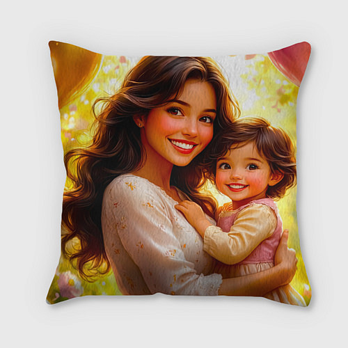 Подушка квадратная Мама и дочка: мгновение счастья / 3D-принт – фото 1