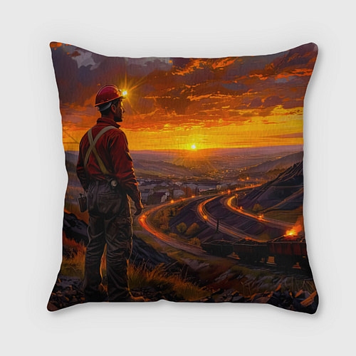 Подушка квадратная Шахтёр на закате / 3D-принт – фото 1