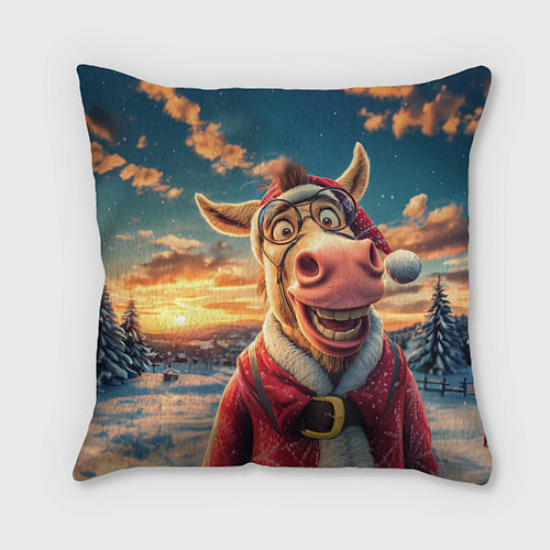 Подушка квадратная Новогодняя комическая лошадь в лесу / 3D-принт – фото 1