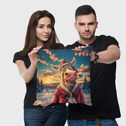 Подушка квадратная Новогодняя комическая лошадь в лесу, цвет: 3D-принт — фото 2