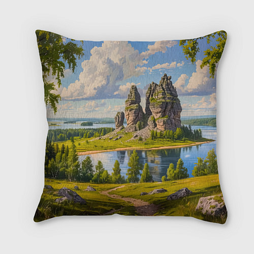 Подушка квадратная Скалы у озера: песнь лета / 3D-принт – фото 1
