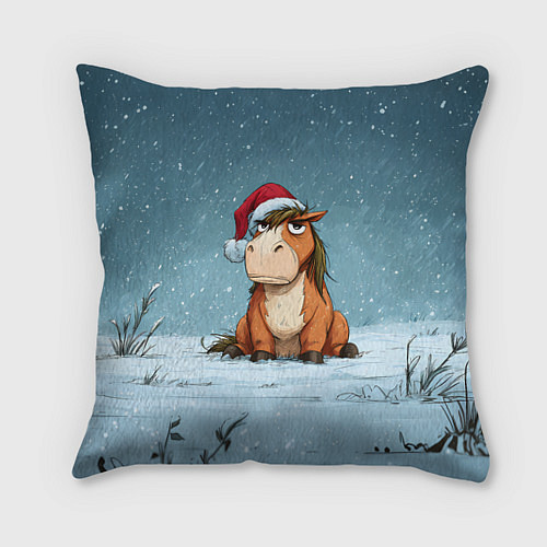Подушка квадратная Недовольная новогодняя лошадка / 3D-принт – фото 1