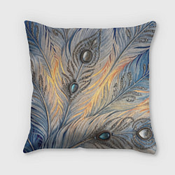 Подушка квадратная Синие перья с самоцветами