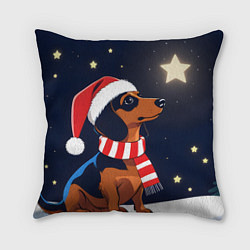 Подушка квадратная Новогодняя такса и звезды, цвет: 3D-принт
