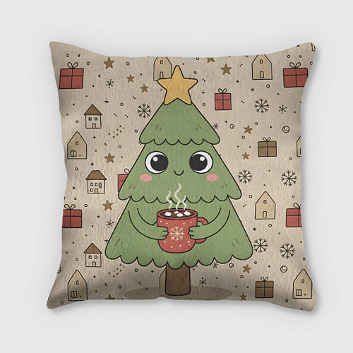 Подушка квадратная Новогодняя елочка с горячим шоколадом / 3D-принт – фото 1