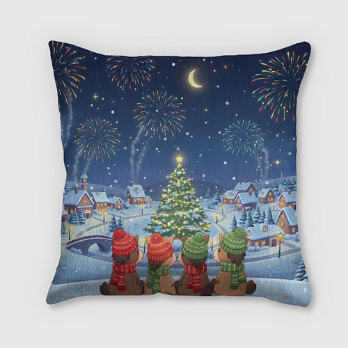 Подушка квадратная Лошадки в новогоднюю ночь / 3D-принт – фото 1