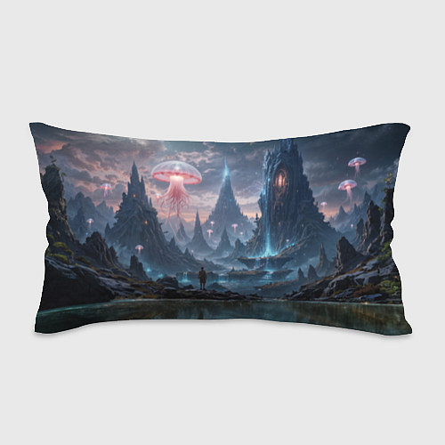 Подушка-антистресс Фантастический мир с медузами и озеро у гор / 3D-принт – фото 1