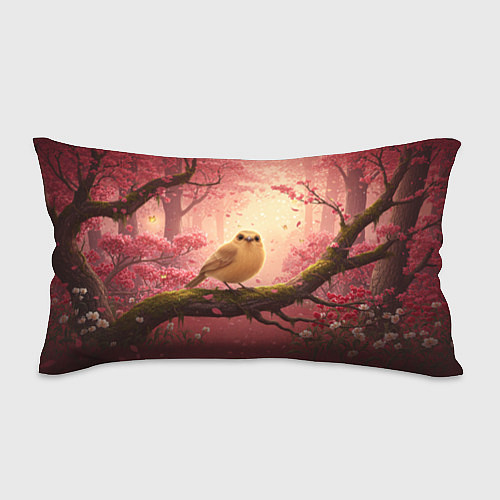 Подушка-антистресс Желтая птица в розовом цветущем лесу / 3D-принт – фото 1