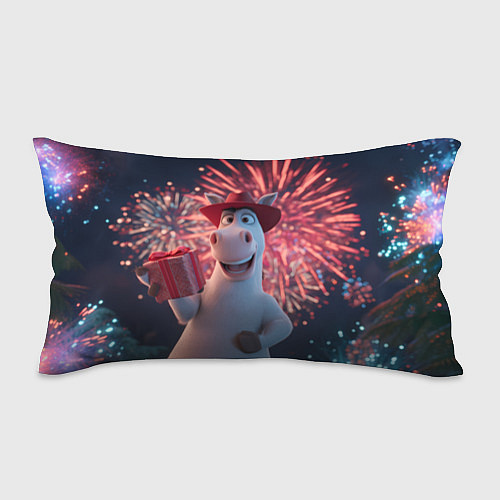 Подушка-антистресс Лошадь с подарком на фоне салюта / 3D-принт – фото 1