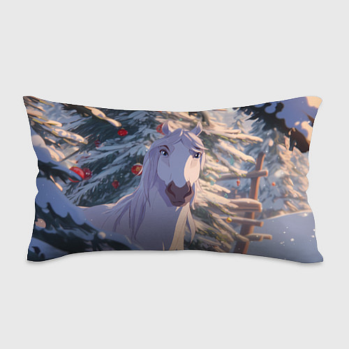 Подушка-антистресс Белая лошадь на фоне елки / 3D-принт – фото 1