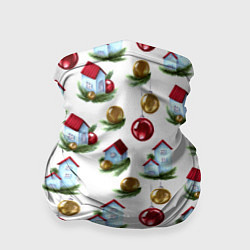 Бандана-труба Новогодние домики на белом - паттерн, цвет: 3D-принт