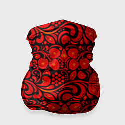 Бандана-труба Хохломская роспись красные цветы и ягоды на чёрном, цвет: 3D-принт