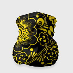 Бандана-труба Хохломская роспись золотые цветы на чёроном фоне, цвет: 3D-принт