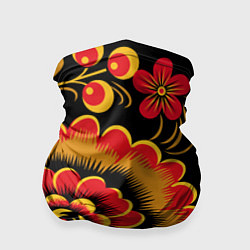 Бандана-труба Хохломская роспись красно-жёлтые цветы на чёрном ф, цвет: 3D-принт