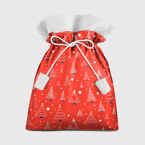 Подарочный мешок Контур из белых елочек на красном фоне с синим сне / 3D-принт – фото 1