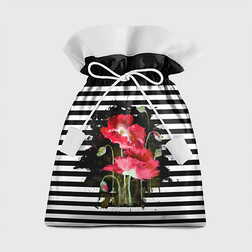 Подарочный мешок Акварельные красные маки на черно-белом полосатом / 3D-принт – фото 1