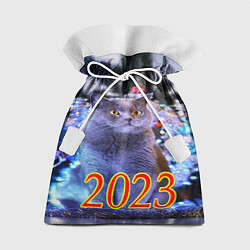 Мешок для подарков Дымчатый кот и елка, цвет: 3D-принт