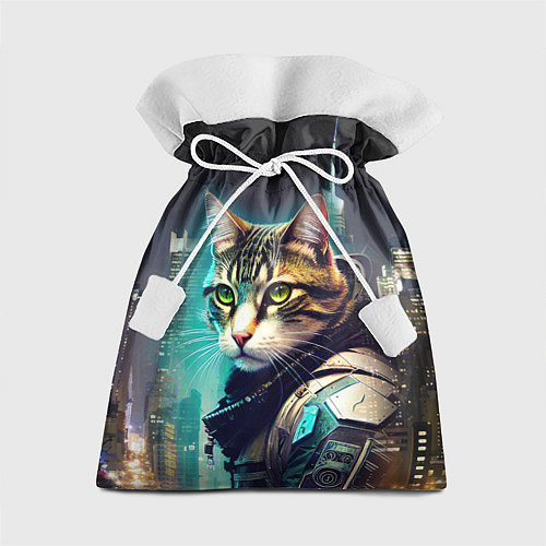 Подарочный мешок Котяра в стиле киберпанк на фоне ночного города / 3D-принт – фото 1