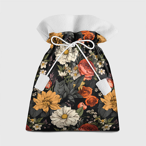 Подарочный мешок Цветочный паттерн на черном / 3D-принт – фото 1