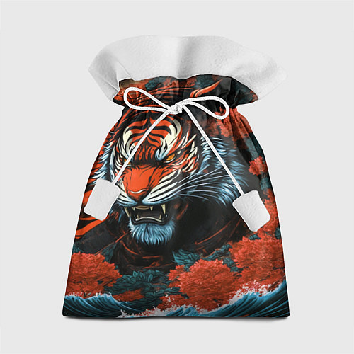 Подарочный мешок Тигр с розами на волнах в стиле тату ирезуми / 3D-принт – фото 1