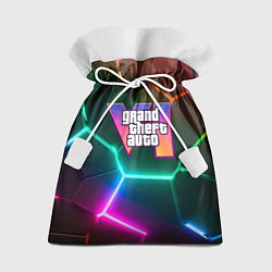 Мешок для подарков GTA 6 лого на фоне разлома разноцветных плит, цвет: 3D-принт