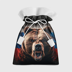 Мешок для подарков Агрессивный медведь на фоне флага России, цвет: 3D-принт