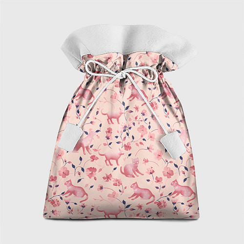 Подарочный мешок Розовый паттерн с цветами и котиками / 3D-принт – фото 1
