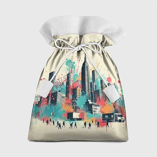 Подарочный мешок Силуэты людей и небоскребов в брызгах краски / 3D-принт – фото 1