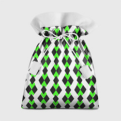 Мешок для подарков Чёрные и зелёные ромбы на белом фоне, цвет: 3D-принт