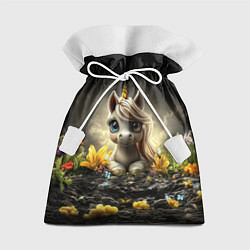 Мешок для подарков Белая единорожка на черном фоне, цвет: 3D-принт