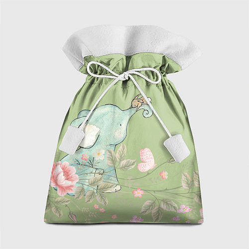 Подарочный мешок Слоненок с зайчиком в цветах на зеленом / 3D-принт – фото 1