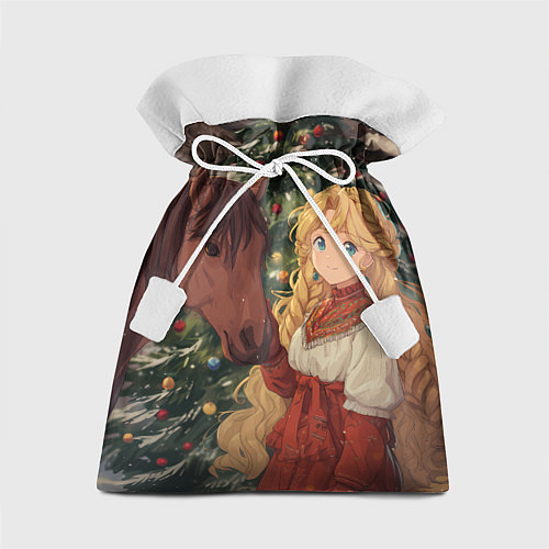 Подарочный мешок Аниме девочка с лошадкой встречают Новый год / 3D-принт – фото 1