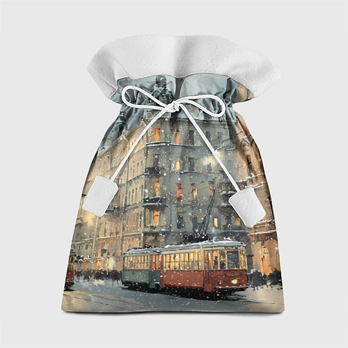 Подарочный мешок Трамваи в зимнем Санкт-Петербурге / 3D-принт – фото 1