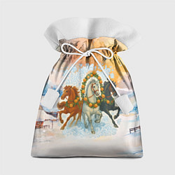 Подарочный мешок Новогодняя тройка лошадей с мандаринами