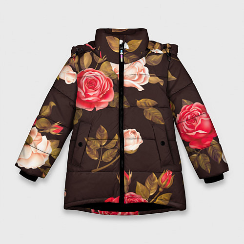 Зимняя куртка для девочки Мотив из роз / 3D-Черный – фото 1