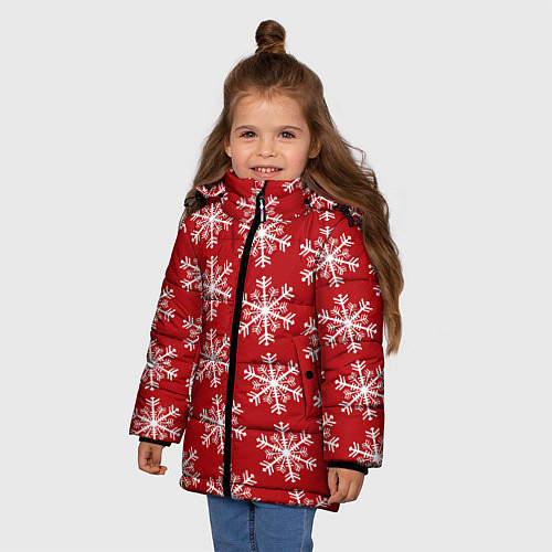 Зимняя куртка для девочки Новогодние Снежинки / 3D-Красный – фото 3