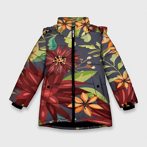 Зимняя куртка для девочки Цветочки / 3D-Черный – фото 1