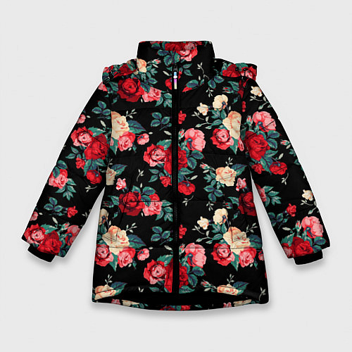 Зимняя куртка для девочки Кустовые розы / 3D-Черный – фото 1