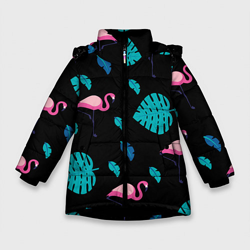 Зимняя куртка для девочки Ночные фламинго / 3D-Черный – фото 1