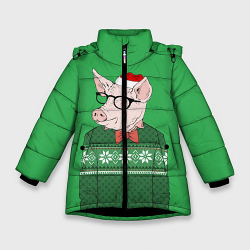 Зимняя куртка для девочки New Year: Hipster Piggy / 3D-Черный – фото 1
