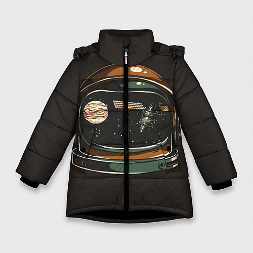 Зимняя куртка для девочки Космос в шлеме скафандра - планета и спутник / 3D-Черный – фото 1