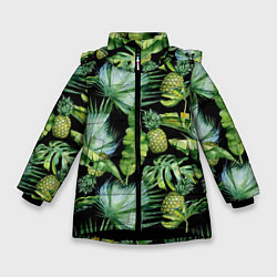 Куртка зимняя для девочки Цветущие ананасы, цвет: 3D-черный