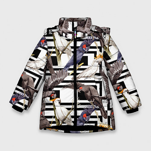 Зимняя куртка для девочки Попугаи Какаду / 3D-Черный – фото 1