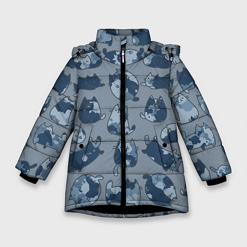 Зимняя куртка для девочки Камуфляж с котиками серо-голубой / 3D-Черный – фото 1