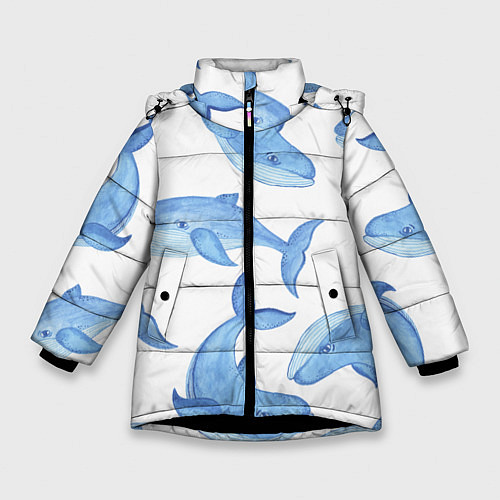 Зимняя куртка для девочки Косяк китов / 3D-Черный – фото 1