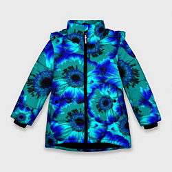 Куртка зимняя для девочки Голубые хризантемы, цвет: 3D-черный