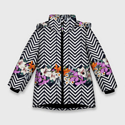 Куртка зимняя для девочки Тропически цветы с орнаментом, цвет: 3D-черный