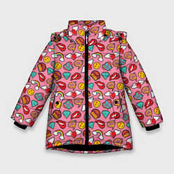 Куртка зимняя для девочки Губы Смайлы Любовь, цвет: 3D-черный