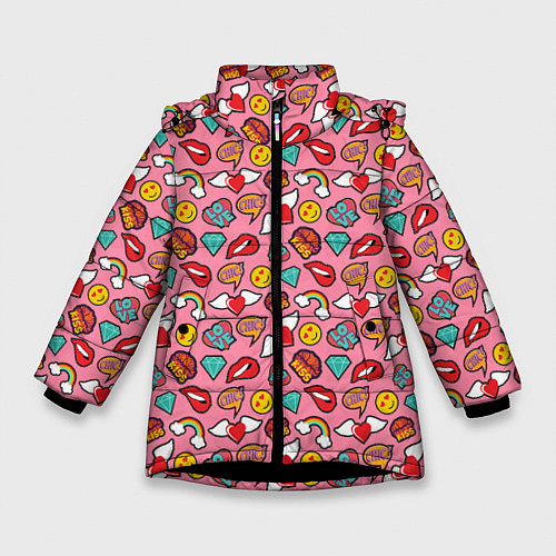 Зимняя куртка для девочки Губы Смайлы Любовь / 3D-Черный – фото 1